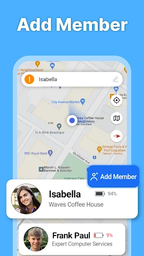 Add family member interface showing map with current locations, member details, and Isabella and Frank Paul profiles