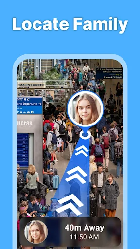 Locate family feature showing street view with member location 40 meters away, time stamp 11:50 AM, and profile image