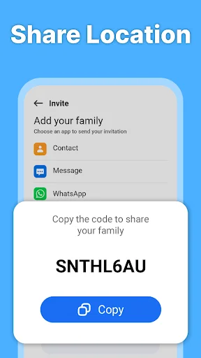 Share location invitation menu with options to invite family via contact, message, WhatsApp, and shareable code SNTHL6AU