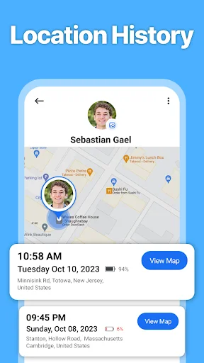 Location history view for family member Sebastian Gael showing timeline of past locations with dates, times, and view map buttons