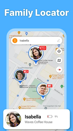 Family locator main screen displaying real-time map with multiple family members' locations, profiles, and Isabella at Waves Coffee House