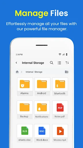 File Manager internal storage view displaying folders and documents including Alarms, Android, Backup, PDF, Word, Videos organized in grid layout