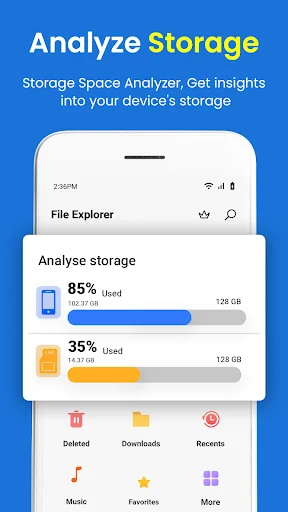 Storage analyzer showing device storage usage breakdown with 85% and 35% capacity bars indicating internal and expandable storage space