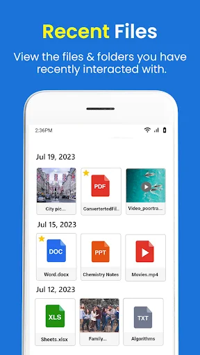 Recent files interface showing recently accessed documents organized by date including images, PDFs, videos, and spreadsheets from July 2023