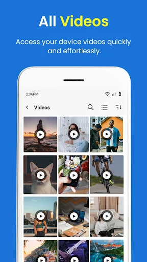 Video gallery grid displaying multiple video thumbnails with play button overlays for browsing and accessing all device videos