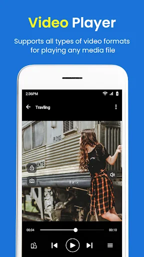 Video player interface with active playback showing timeline scrubber, play controls including play, pause, next, previous buttons and volume adjustment
