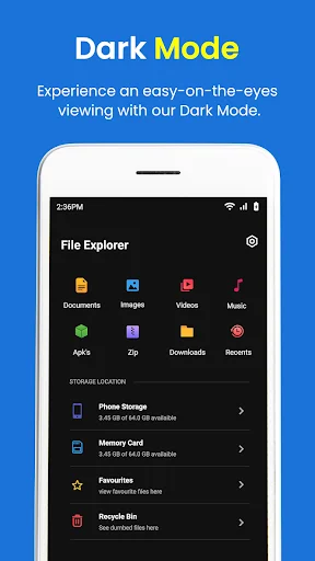 File Explorer dark mode interface showing main category tabs: Documents, Images, Videos, Music, Apps with storage location information