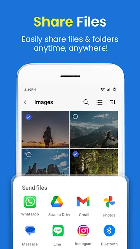 Image selection interface with four landscape photos and sharing options popup showing multiple apps like WhatsApp, Google Drive, Gmail, and messaging services