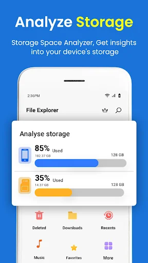 Storage analyzer showing device storage usage breakdown with 85% and 35% capacity bars indicating internal and expandable storage space