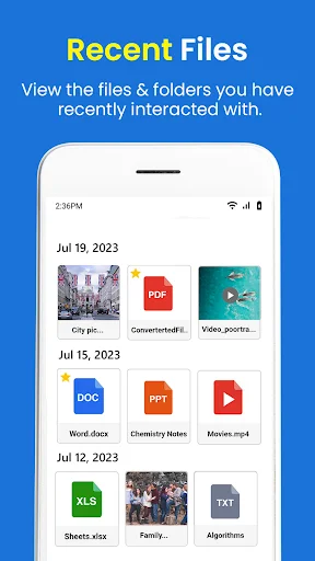 Recent files interface showing recently accessed documents organized by date including images, PDFs, videos, and spreadsheets from July 2023