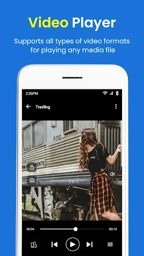 Video player interface with active playback showing timeline scrubber, play controls including play, pause, next, previous buttons and volume adjustment