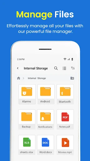 File Manager internal storage view displaying folders and documents including Alarms, Android, Backup, PDF, Word, Videos organized in grid layout
