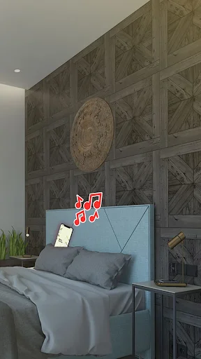 Bedroom scene with phone on bed and music notes showing phone alert notification when located