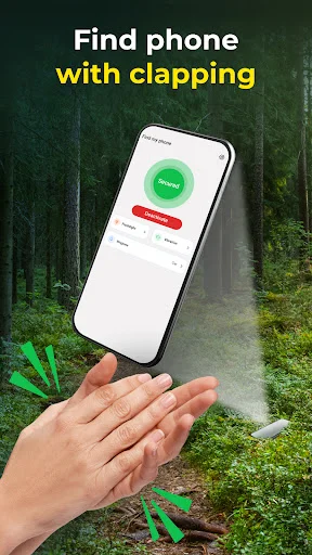 Find My Phone by Clap app showing clapping hand gestures triggering locate button to find lost phone
