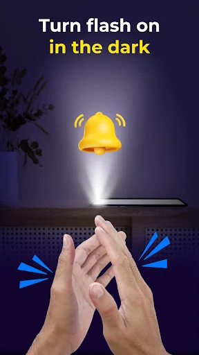 Find phone app flashlight feature activated by clapping hands, turning on bright light in dark