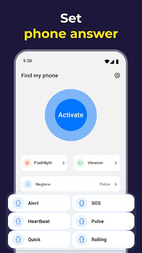 Phone finder app configuration screen with Activate button and customizable alert options including vibration