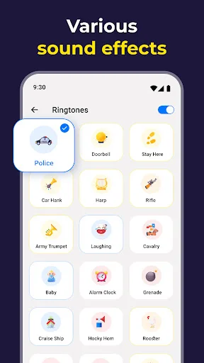 Sound effects and ringtone library for phone finder alerts including police, doorbell, horns, and alarms