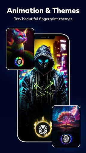 Fingerprint animation themes gallery with colorful abstract designs and neon effects for customization