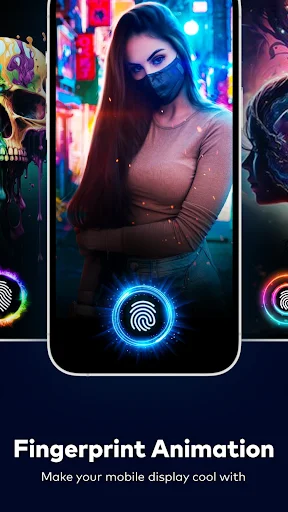 Fingerprint animation display with neon-glowing character themes and vibrant fingerprint unlock circles