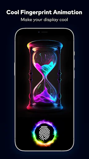 Colorful neon hourglass fingerprint animation theme with glowing sand timer for device customization