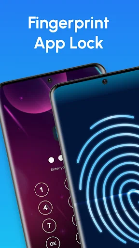 Fingerprint App Lock hero screen featuring phones displaying fingerprint scanner and numeric PIN pad security options