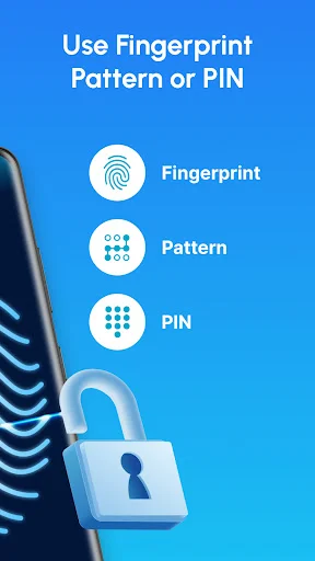 Biometric authentication options screen showing Fingerprint, Pattern, and PIN code security methods with blue padlock