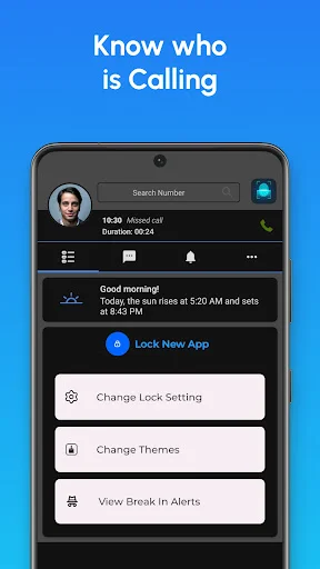 Know who is calling feature displaying caller ID, missed call info, and app lock management settings and themes