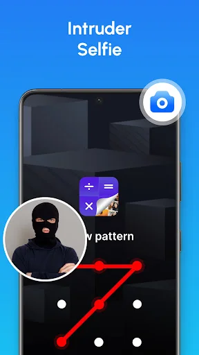 Intruder Selfie security feature screenshot showing front camera capture of unauthorized unlock attempts with pattern