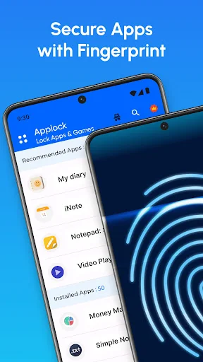 App lock manager interface displaying list of recommended and installed apps to secure with fingerprint authentication