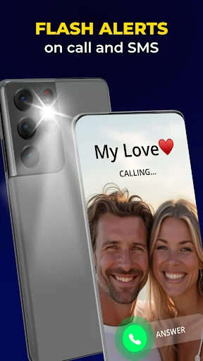 Incoming call notification on smartphone with Flash Alerts showing caller name, contact photo, and bright camera flash alert feature