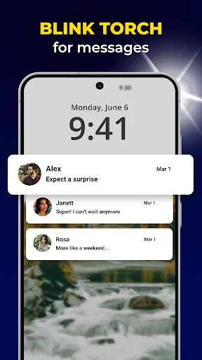Message notifications list with blink torch feature for SMS alerts showing sender names, message previews, and flash glow effect