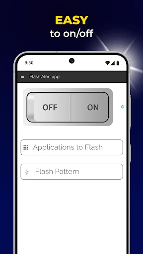 Flash Alerts settings screen with simple ON OFF toggle switch to enable or disable flash notification feature and pattern options