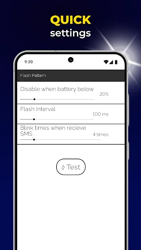 Quick settings panel for Flash Alerts including battery threshold, flash interval timing, and customizable blink frequency for SMS alerts