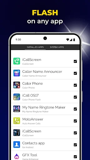 Installed apps compatibility list for Flash Alerts showing supported calling and communication apps with selection checkboxes for customization