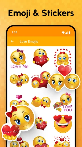 Love Emojis collection displaying 1000+ romantic and flirty emoji stickers for messaging and social sharing