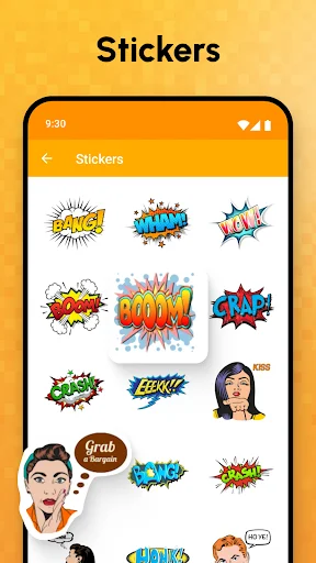 Stickers collection featuring comic pop art action words like BAM, BOOM, POW and character stickers