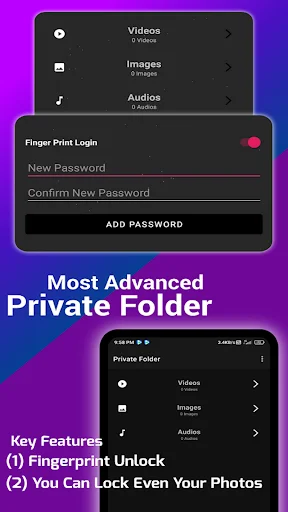 Advanced private folder with fingerprint login, password protection, and organized video, image, and audio media categories
