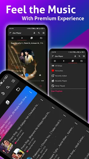 Premium audio player interface showing music playback with waveform visualizer, favorites, recently played, and playlist management options