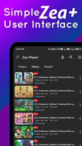 Zea+ video player library displaying organized video collection with thumbnails, quality formats 1080p and 360p, file sizes, and duration