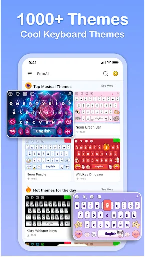 1000+ colorful keyboard themes including musical, neon, and decorative designs with instant preview on FotoAI