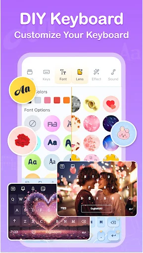 DIY keyboard customization interface with fonts, colors, and emoji stickers for creating personalized keyboard themes