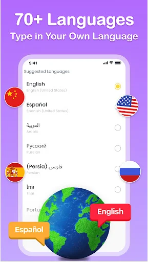 70+ language support with global keyboard options including English, Spanish, Arabic, Russian, and more