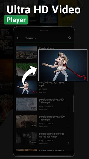 4K video player library with search bar, displaying video file list with resolution, file size, and metadata details