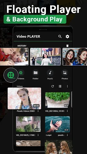 Floating video player with background play feature, video library organized by recent history and media type tabs including Videos, Folder, Music, and Photos