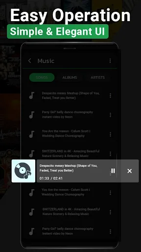 Music library browsing with albums and artists tabs, song playlist display, and floating music player with playback controls at bottom