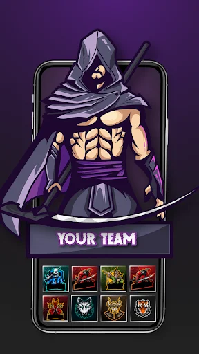Esport logo creator showing ninja warrior character with 'Your Team' text and grid of customizable logo templates for gaming design