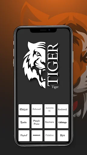 Tiger gaming logo design app with white tiger mascot and font customization choices