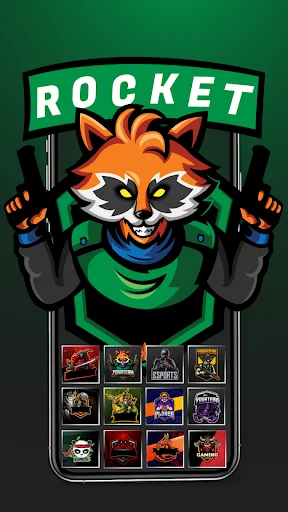 Rocket gaming logo creator with orange fox mascot holding weapons and logo templates