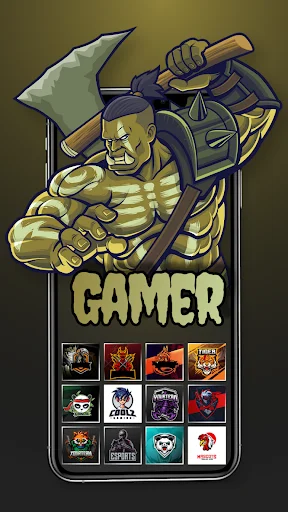 Gamer character with multiple esport logo templates in grid layout for personalized gaming team design creation