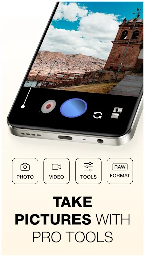 GCamGo Camera shooting interface with landscape photo and four professional modes: Photo, Video, Tools, RAW Format